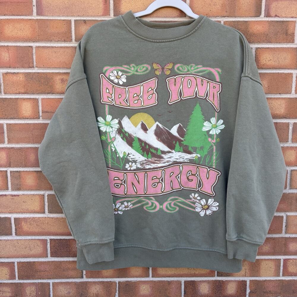 Divided HM Womens XS Oversized Graphic Print Crewneck Sweatshirt Mountains Free